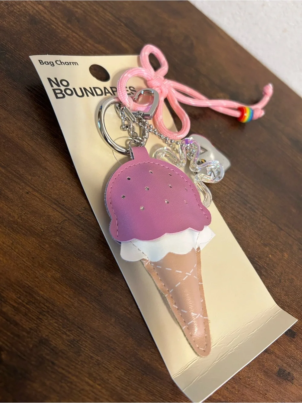 No Boundaries Pink Ice Cream Cone Bag Charm with Tan Cone
